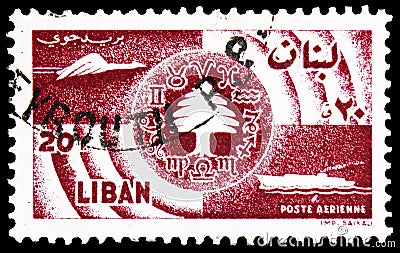 Postage stamp printed in Lebanon shows Symbols of comunications, Posta aerea serie, circa 1957 Editorial Stock Photo