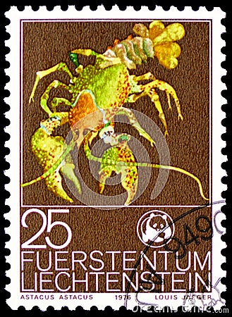 Postage stamp printed in Liechtenstein shows Noble Crayfish Astacus astacus, W.W.F. serie, circa 1976 Editorial Stock Photo