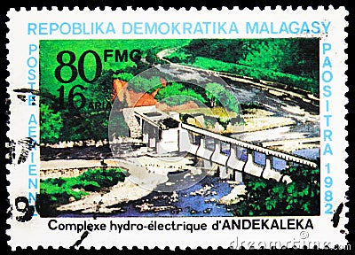 Postage stamp printed in Madagascar shows Aerial view, Hydroelectric complex. Andekaleka serie, circa 1982 Editorial Stock Photo