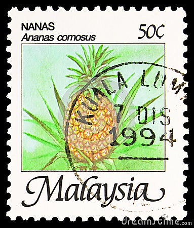 Postage stamp printed in Malaysia shows Ananas comosus, Pineapple, Tropical Fruits (1986-2000) serie, 50 Malaysian sen, circa 1986 Editorial Stock Photo