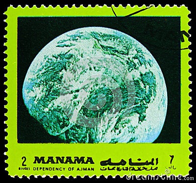 Postage stamp printed in Manama shows Earth, Spaceflight serie, circa 1972 Editorial Stock Photo