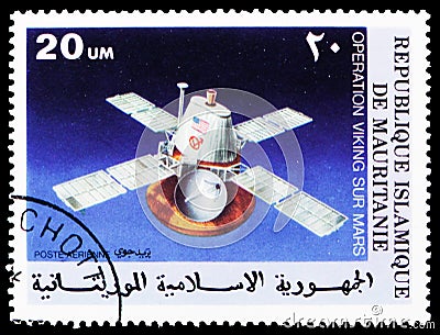 Postage stamp printed in Mauritania shows Viking-Orbiter, Viking Mars project serie, circa 1979 Editorial Stock Photo
