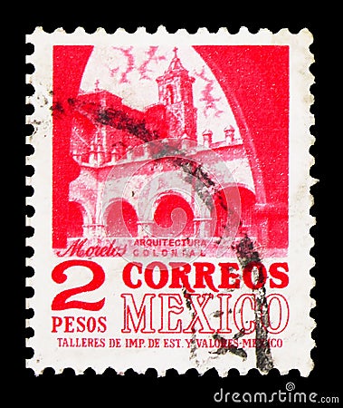 Postage stamp printed in Mexico shows Convent of Morelos, 2 $ - Mexican peso, Local Images serie, circa 1975 Editorial Stock Photo