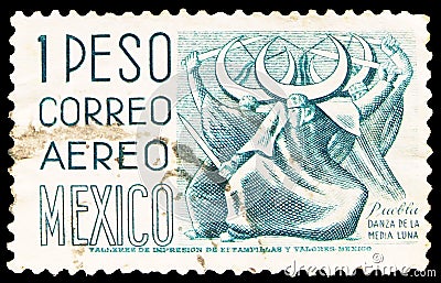 Postage stamp printed in Mexico shows Dance of the Crescent, Puebla, Local Images serie, 1 - Mexican peso, circa 1950 Editorial Stock Photo