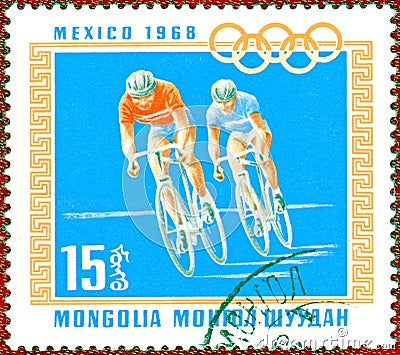 Postage stamp printed in Mongolia with a picture of a cyclists, with the inscription `Mexico 1968` Editorial Stock Photo
