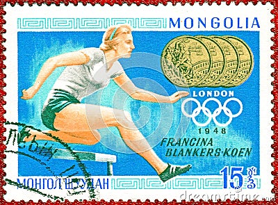 Postage stamp printed in Mongolia with a picture of four-time Olympic champion Francina Blankers-Koen Athletics Editorial Stock Photo