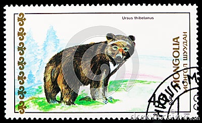 Postage stamp printed in Mongolia shows Asian Black Bear Ursus thibetanus, Bears and Giant Pandas serie, circa 1989 Editorial Stock Photo