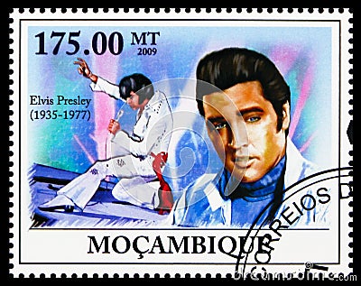 Postage stamp printed in Mozambique shows Elvis Aaron Presley, serie, 175 MTn - Mozambican metical, circa 2009 Editorial Stock Photo