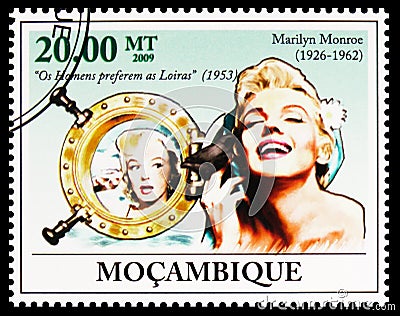 Postage stamp printed in Mozambique shows Marilyn Monroe, serie, 20 MTn - Mozambican metical, circa 2009 Editorial Stock Photo