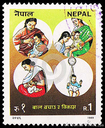 Postage stamp printed in Nepal shows Child Survival Campaign, 1 â‚¨ - Nepalese rupee, circa 1989 Editorial Stock Photo