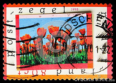 Postage stamp printed in Netherlands shows Blank stamp with optional vignettes with Field of tulips, Greetings Stamps serie, 80 c Editorial Stock Photo