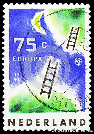 Postage stamp printed in Netherlands shows The desire the universe accessible to both material and immagination, Europa (C.E.P.T Editorial Stock Photo