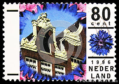 Postage stamp printed in Netherlands shows Detail of a house in Amsterdam, Holidays serie, circa 1996 Editorial Stock Photo
