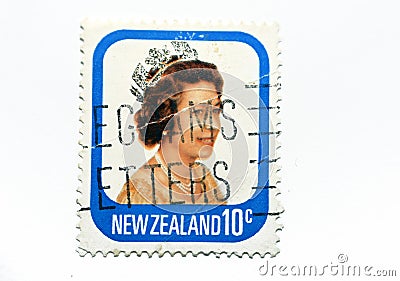 Postage stamp printed in New Zealand shows Queen Elizabeth II New Zealand Post Mark, Value 10c ten cents isolated on white Editorial Stock Photo