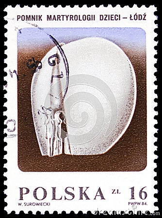 Postage stamp printed in Poland shows Broken Heart Monument, Lodz, circa 1984 Editorial Stock Photo