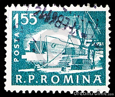 Postage stamp printed in Romania shows Ships in port, Daily Life serie, 1.55 L - Romanian leu, circa 1960 Editorial Stock Photo