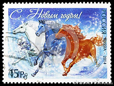 Postage stamp printed in Russia shows Happy New Year!, serie, circa 2014 Editorial Stock Photo