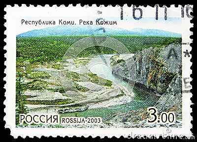 Postage stamp printed in Russia shows Republic of Komi, Kozhim River, World Nature Heritage in Russia serie, circa 2003 Editorial Stock Photo