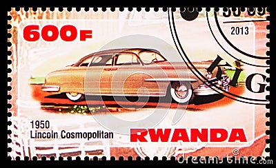 Postage stamp printed in Rwanda shows Lincoln Cosmopolitan 1950, Vintage cars serie, circa 2013 Editorial Stock Photo