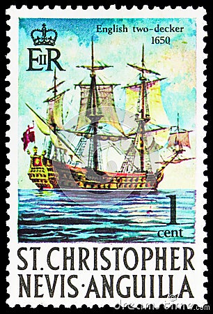 Postage stamp printed in Saint Kitts and Nevis shows English two-decker, 1650, serie, circa 1970 Editorial Stock Photo