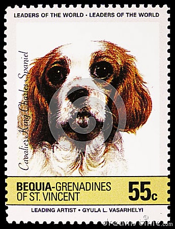 Postage stamp printed in Saint Vincent Grenadines shows Cavalier-King-Charles-Spaniel Canis lupus familiaris, BEQUIA - Dogs seri Editorial Stock Photo