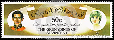 Postage stamp printed in Saint Vincent Grenadines shows Prince Charles and Lady Diana, Royal Wedding Yachts serie, circa 1981 Editorial Stock Photo