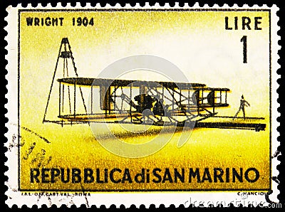 Postage stamp printed in San Marino shows Wright Type A Biplane (1904), Vintage Aircraft serie, circa 1962 Editorial Stock Photo