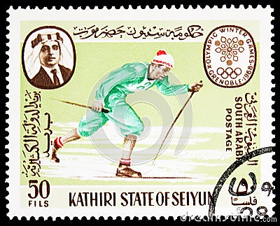 Postage stamp printed in Saudi Arabia shows Winter Olympics 1968, Grenoble, Kathiri State of Seiyun serie, 50 South Yemeni fils, Editorial Stock Photo