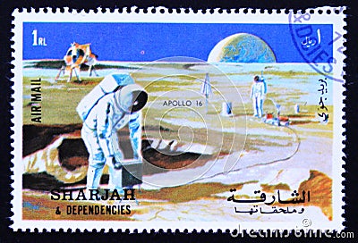 Post stamp Sharjah, 1972, space research Apollo 16 mission Editorial Stock Photo