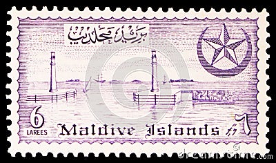 Postage stamp printed in shows Male Harbour, Views serie, 6 Maldivian laari, circa 1956 Editorial Stock Photo