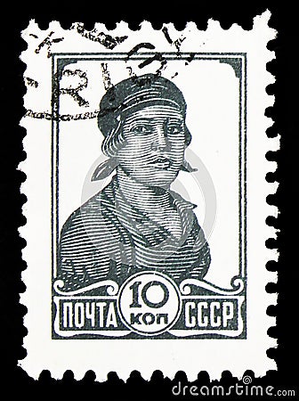 Postage stamp printed in Soviet Union (Russia) shows Female worker, Definitive Issue No.4 serie, circa 1954 Editorial Stock Photo