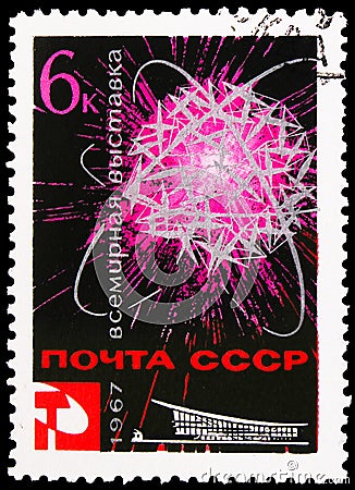Postage stamp printed in Soviet Union & x28;Russia& x29; shows Image of Atom, World Fair & x22;EXPO-67& x22; serie, circa 1967 Editorial Stock Photo