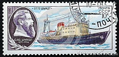 Postage stamp printed in the Soviet Union in 1980. Ship, research icebreaker Otto Schmidt. Bas-relief of the scientist: Editorial Stock Photo