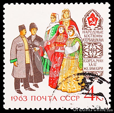 Postage stamp printed in Soviet Union shows Azerbaijan National Costumes, Costumes of Peoples of the USSR serie, circa 1963 Editorial Stock Photo