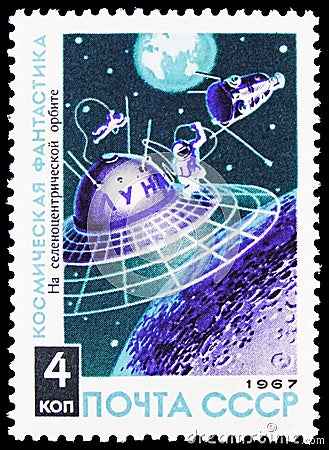Postage stamp printed in Soviet Union shows Space Walk in Lunar Orbit, Space Fantasies serie, circa 1967 Editorial Stock Photo