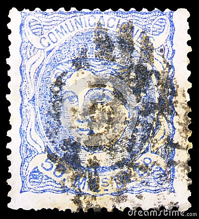 Postage stamp printed in Spain shows Allegorical Effigy of Spain, Hispania serie, circa 1870 Editorial Stock Photo