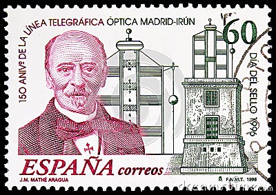 Postage stamp printed in Spain shows J.M. Mathe Aragua, Stamp Day, serie, circa 1996 Editorial Stock Photo