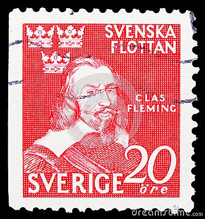 Postage stamp printed in Sweden shows Clas Fleming, 300th Anniversary Naval Victory at Femern serie, 20 Swedish ore, circa 1944 Editorial Stock Photo