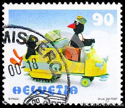 Postage stamp printed in Switzerland shows Papa & Pingu in post snowmobile, Pingu Comics Character serie, circa 1999 Editorial Stock Photo