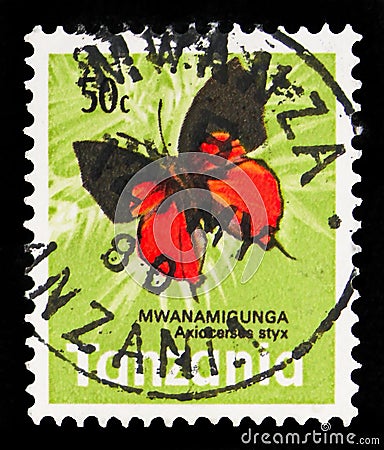 Postage stamp printed in Tanzania shows Lycaenid Butterfly (Axiocerses styx), Butterflies serie, 50 Tanzanian senti, circa 1973 Editorial Stock Photo