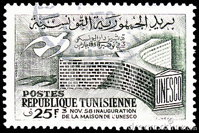 Postage stamp printed in Tunisia shows UNESCO building in Paris, circa 1958 Editorial Stock Photo