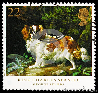 Postage stamp printed in United Kingdom shows Cavalier-King-Charles-Spaniel (Canis lupus familiaris), Dogs - Paintings by George Editorial Stock Photo