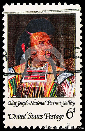 Postage stamp printed in United States shows Chief Joseph by Cyrenius Hall, American Indian Issue serie, circa 1968 Editorial Stock Photo