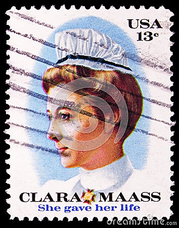 Postage stamp printed in United States shows Clara Maass 1876-1901 and Newark German Hospital Pin, serie, circa 1976 Editorial Stock Photo