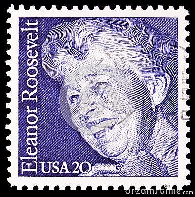 Postage stamp printed in United States shows Eleanor Roosevelt 1884-1962, Activist First Lady, serie, circa 1984 Editorial Stock Photo