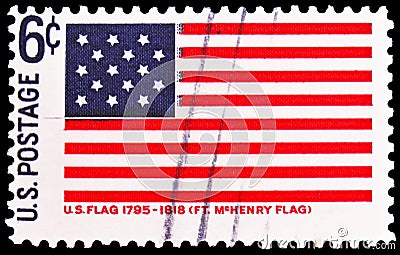 Postage stamp printed in United States shows Ft. McHenry, 1795-1818, Historic Flag Series, circa 1968 Editorial Stock Photo