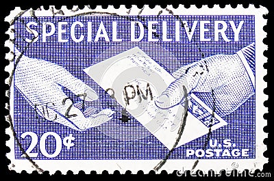 Postage stamp printed in United States shows Hands and Letter, Special Delivery - Hand delivered serie, circa 1954 Editorial Stock Photo