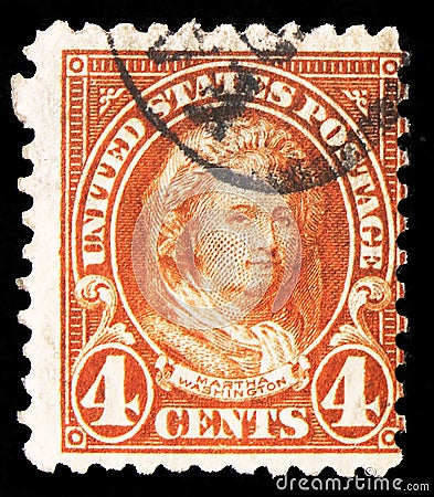 Postage stamp printed in United States shows Martha Washington (1731-1802), Former First Lady of the USA, 1922-1926 Regular Issue Editorial Stock Photo