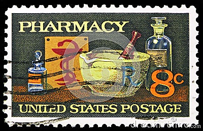 Postage stamp printed in United States shows Mortar and Pestle, Bowl of Hygeia, Pharmacy Issue serie, 8 c - United States cent, Editorial Stock Photo