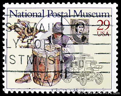 Postage stamp printed in United States shows Pony Express Rider, Civil War Soldier, Concord Stagecoach, National Postal Museum Editorial Stock Photo